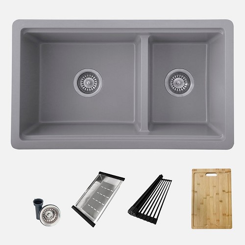 Stylish - WATERTON S-831WL 30'' Dual Mount Workstation Double Bowl Composite Granite Kitchen Sink - Grey